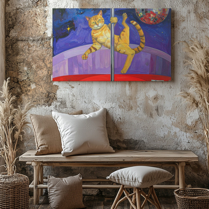 Dancing Yellow Cat Canvas – Surreal Nightlife Art with Pole Dance & Disco Vibes - Gifitto