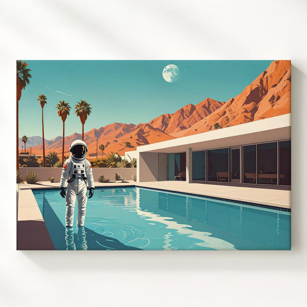 Astronaut by the Pool Canvas – Surreal Retro-Futuristic Desert Scene - Gifitto