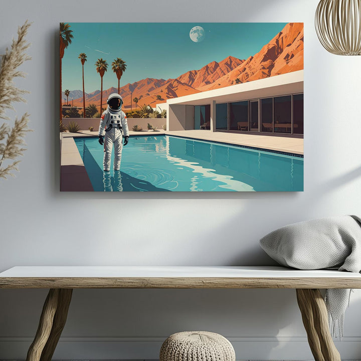 Astronaut by the Pool Canvas – Surreal Retro-Futuristic Desert Scene - Gifitto