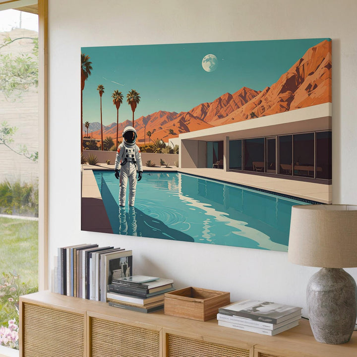 Astronaut by the Pool Canvas – Surreal Retro-Futuristic Desert Scene - Gifitto
