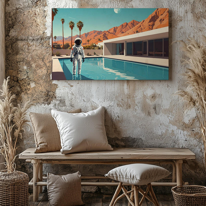 Astronaut by the Pool Canvas – Surreal Retro-Futuristic Desert Scene - Gifitto