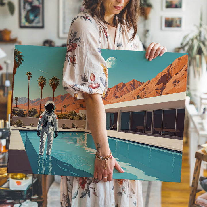 Astronaut by the Pool Canvas – Surreal Retro-Futuristic Desert Scene - Gifitto