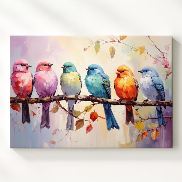Ten Birds on a Branch Canvas – Soft Pastel Nature Illustration - Gifitto