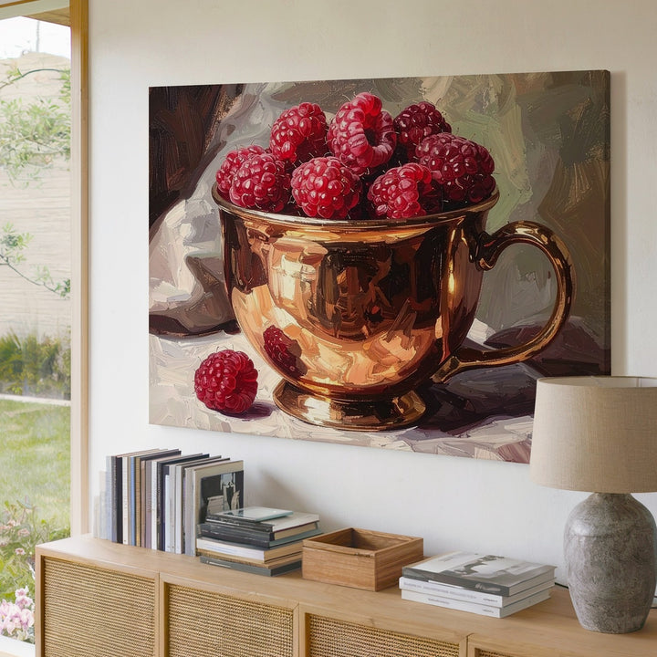 Copper Cup with Raspberries Canvas – Classical Still-Life Art - Gifitto