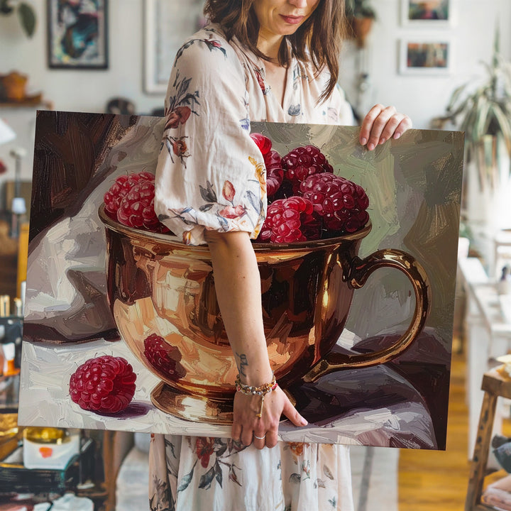 Copper Cup with Raspberries Canvas – Classical Still-Life Art - Gifitto