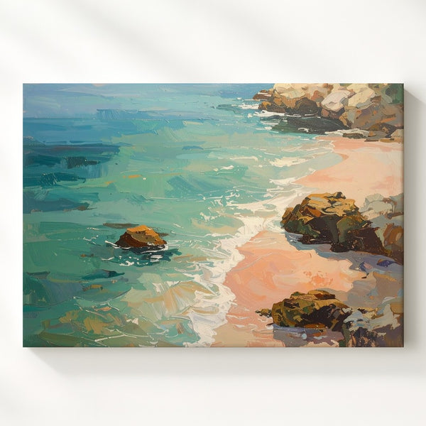Serene Coastal Shoreline Canvas – Minimalist Turquoise & Peach Seascape