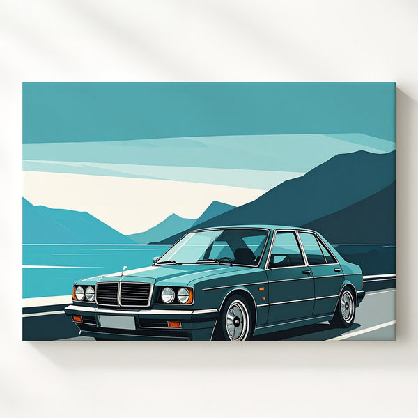 Minimalist Mercedes-Benz W124 Canvas – Stylized Coastal Road Vector Art - Gifitto