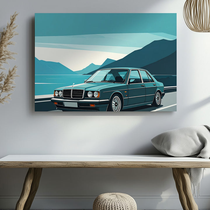 Minimalist Mercedes-Benz W124 Canvas – Stylized Coastal Road Vector Art - Gifitto