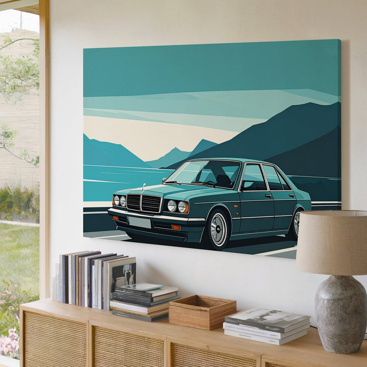 Minimalist Mercedes-Benz W124 Canvas – Stylized Coastal Road Vector Art - Gifitto