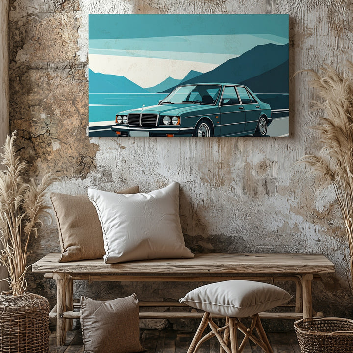 Minimalist Mercedes-Benz W124 Canvas – Stylized Coastal Road Vector Art - Gifitto