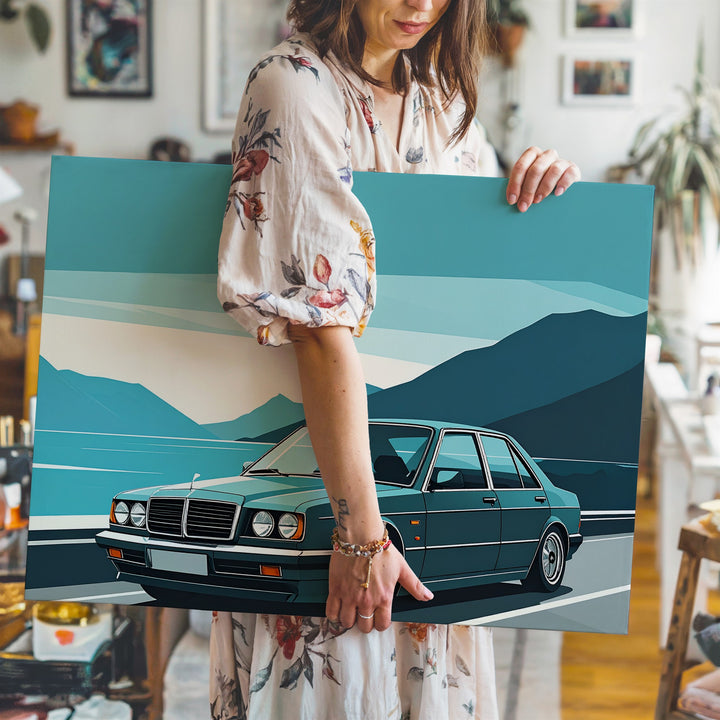 Minimalist Mercedes-Benz W124 Canvas – Stylized Coastal Road Vector Art - Gifitto