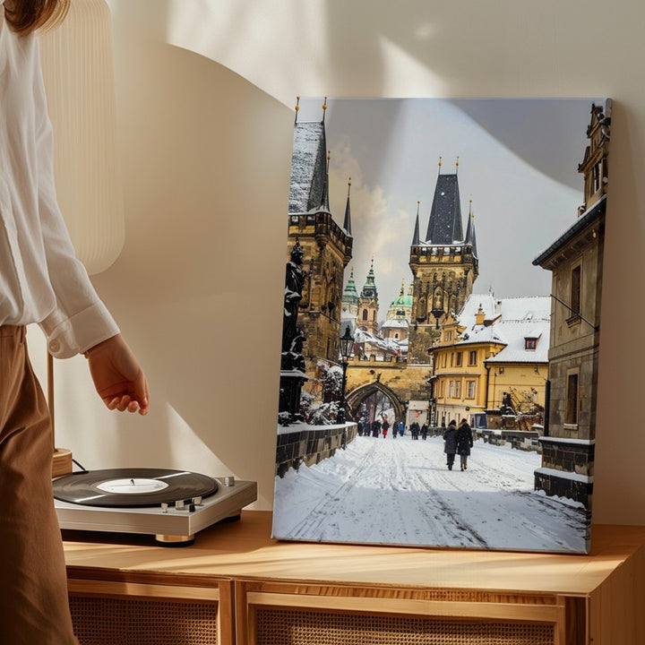 Winter European Cityscape Canvas – Snow-Covered Historic Street Scene - Gifitto