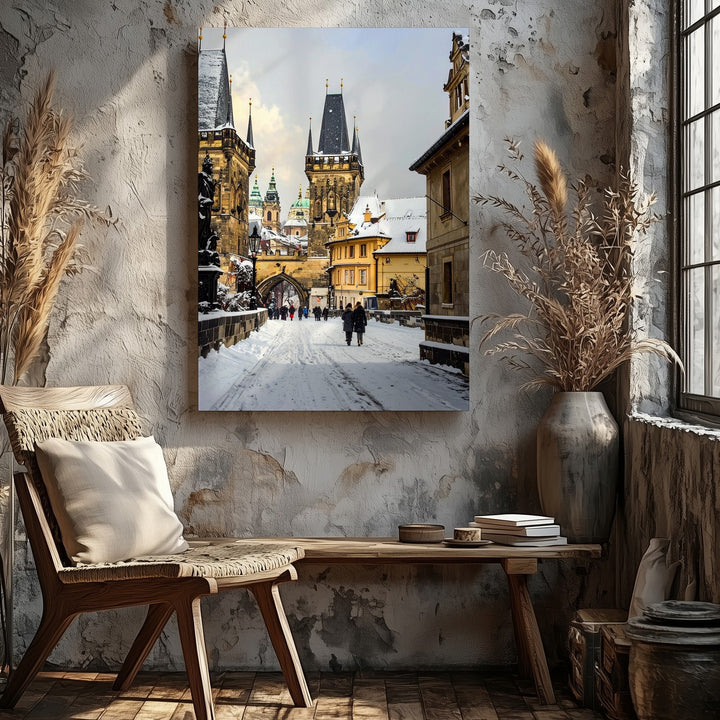 Winter European Cityscape Canvas – Snow-Covered Historic Street Scene - Gifitto
