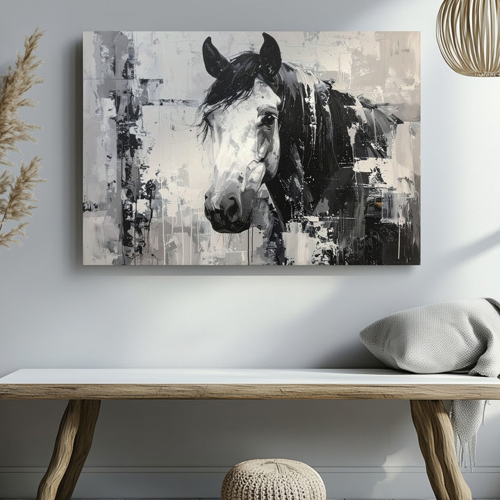 Abstract Black & White Horse Canvas – Modern Expressionist Equestrian Art - Gifitto
