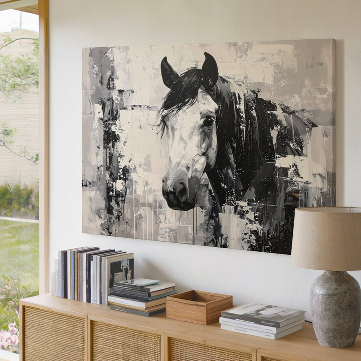 Abstract Black & White Horse Canvas – Modern Expressionist Equestrian Art - Gifitto