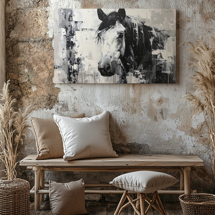 Abstract Black & White Horse Canvas – Modern Expressionist Equestrian Art - Gifitto