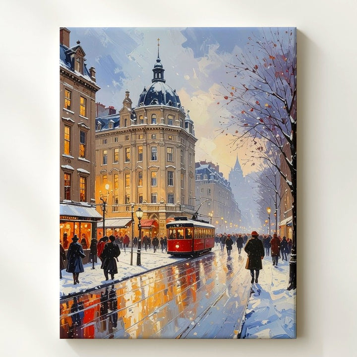 Impressionist Winter City Canvas – Busy Urban Street Scene with Holiday Charm - Gifitto