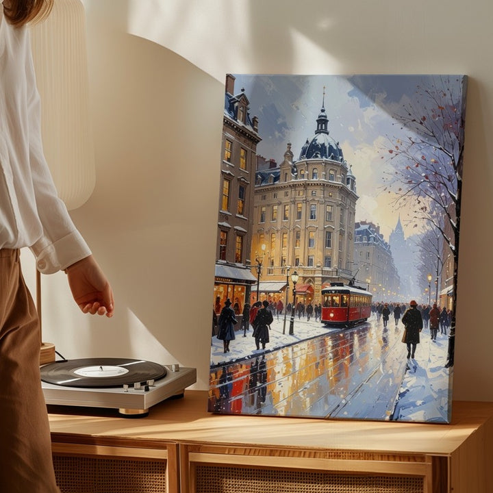 Impressionist Winter City Canvas – Busy Urban Street Scene with Holiday Charm - Gifitto