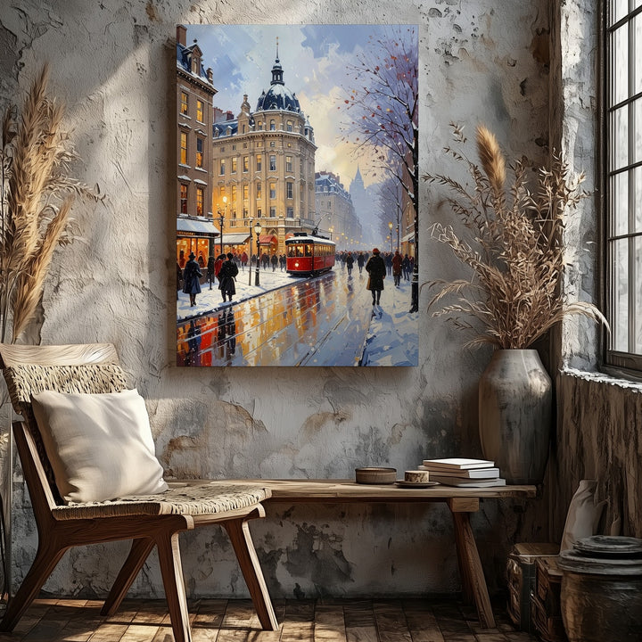 Impressionist Winter City Canvas – Busy Urban Street Scene with Holiday Charm - Gifitto