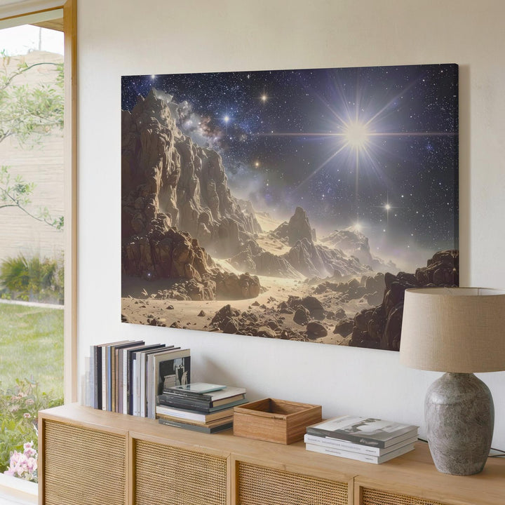 Silver Dust Starbirth Canvas – Crystalline Light in Cosmic Cliffscape - Gifitto