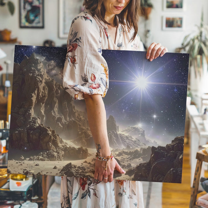 Silver Dust Starbirth Canvas – Crystalline Light in Cosmic Cliffscape - Gifitto