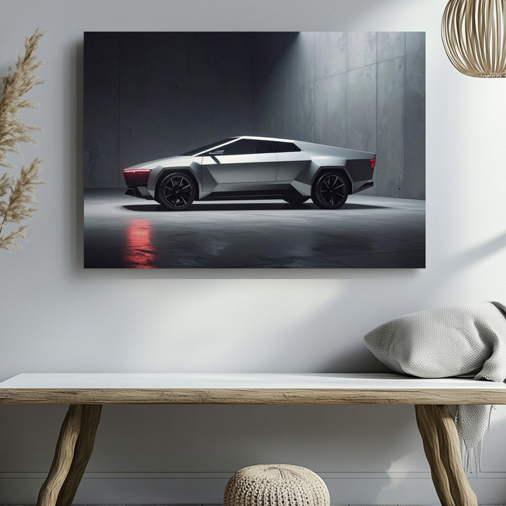 Futuristic Electric Pickup Canvas – Tesla Cybertruck Inspired Industrial Art - Gifitto