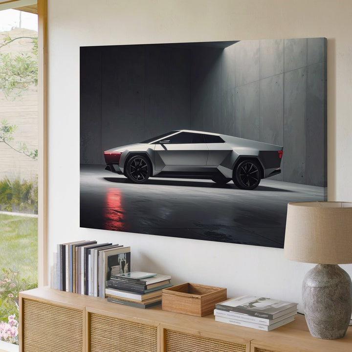 Futuristic Electric Pickup Canvas – Tesla Cybertruck Inspired Industrial Art - Gifitto