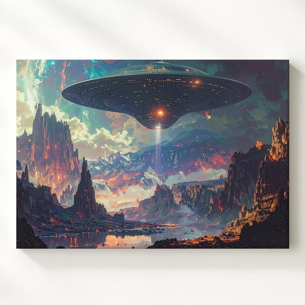 Futuristic UFO Landscape Canvas – Alien Terrain with Glowing Flying Saucer - Gifitto