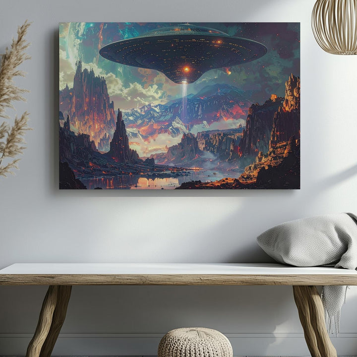 Futuristic UFO Landscape Canvas – Alien Terrain with Glowing Flying Saucer - Gifitto