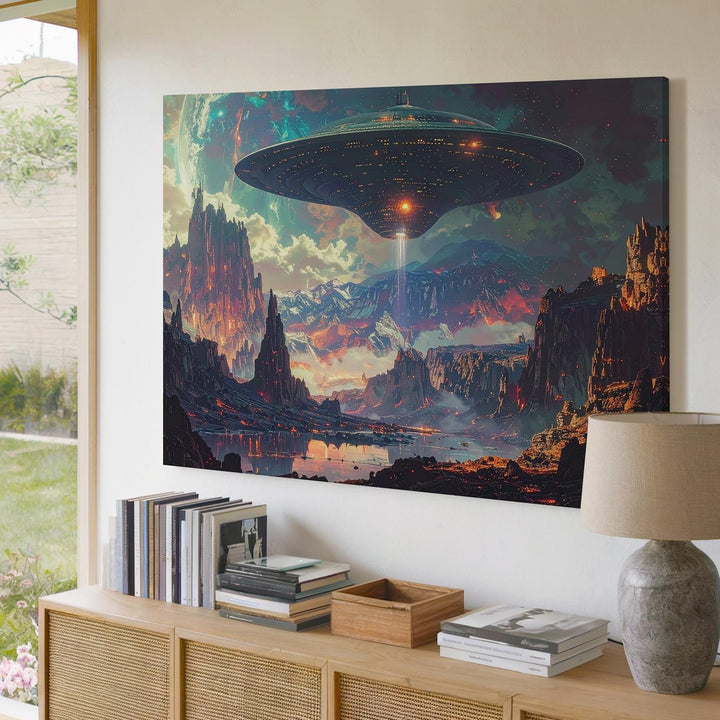 Futuristic UFO Landscape Canvas – Alien Terrain with Glowing Flying Saucer - Gifitto