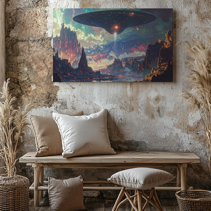 Futuristic UFO Landscape Canvas – Alien Terrain with Glowing Flying Saucer - Gifitto