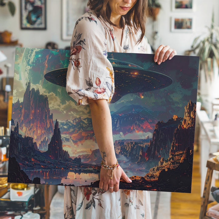 Futuristic UFO Landscape Canvas – Alien Terrain with Glowing Flying Saucer - Gifitto
