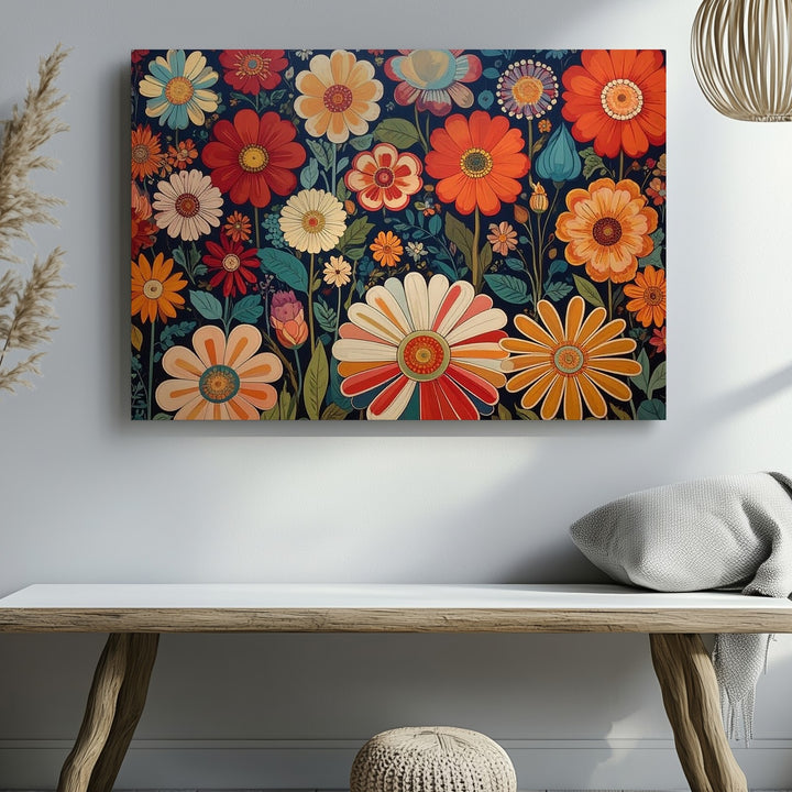 Retro Floral Arrangement Canvas – 1970s-Inspired Geometric Art - Gifitto