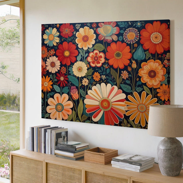 Retro Floral Arrangement Canvas – 1970s-Inspired Geometric Art - Gifitto