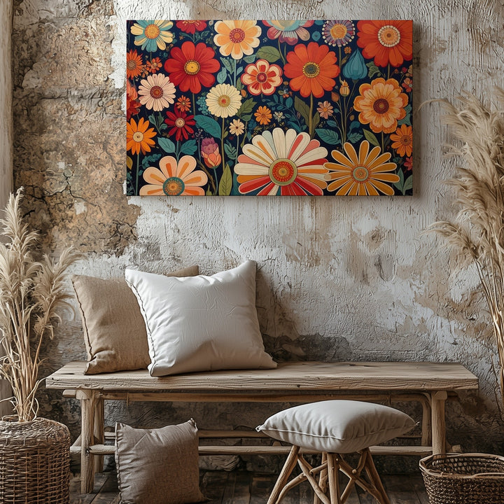 Retro Floral Arrangement Canvas – 1970s-Inspired Geometric Art - Gifitto