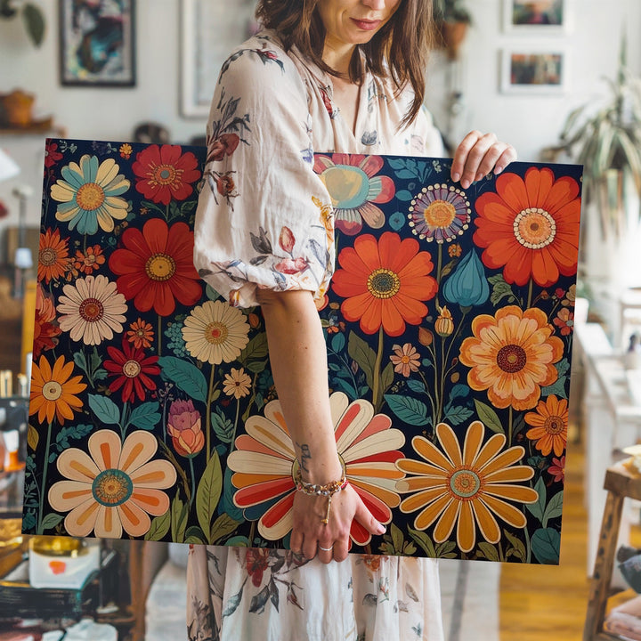 Retro Floral Arrangement Canvas – 1970s-Inspired Geometric Art - Gifitto