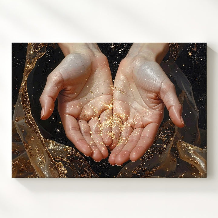 Celestial Offering Canvas – Luminous Hands with Golden Glow and Stars - Gifitto