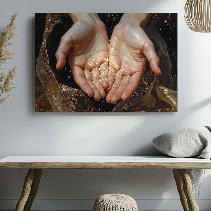 Celestial Offering Canvas – Luminous Hands with Golden Glow and Stars - Gifitto