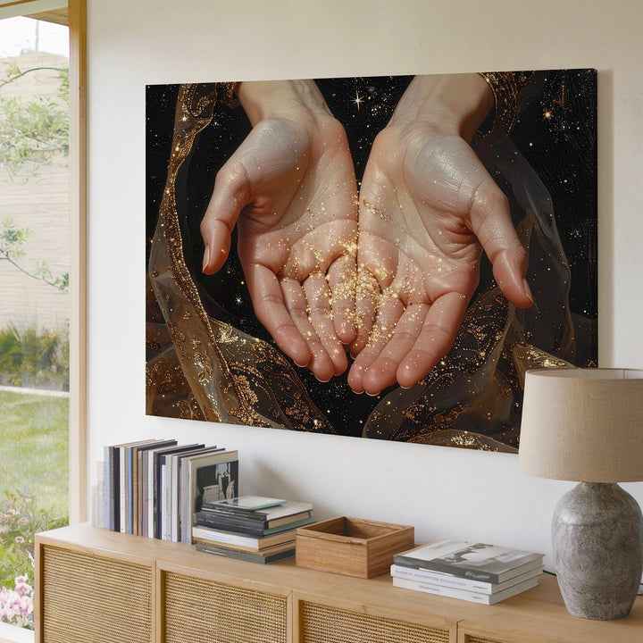 Celestial Offering Canvas – Luminous Hands with Golden Glow and Stars - Gifitto