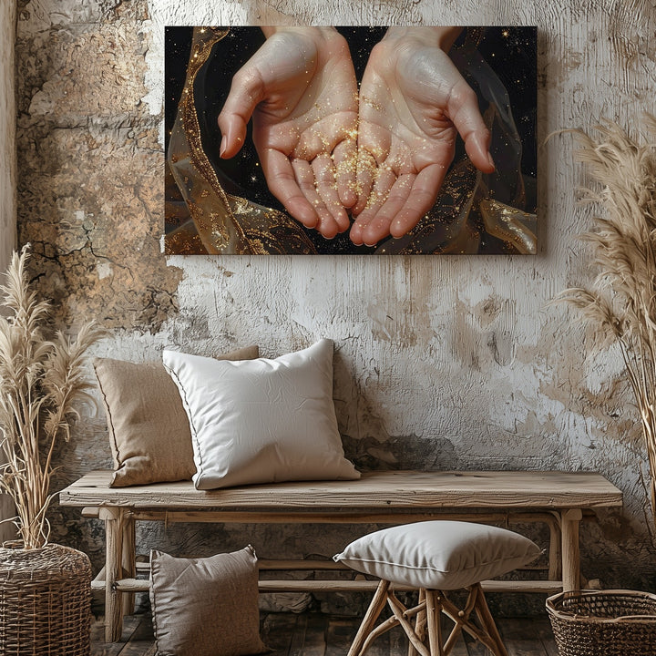 Celestial Offering Canvas – Luminous Hands with Golden Glow and Stars - Gifitto