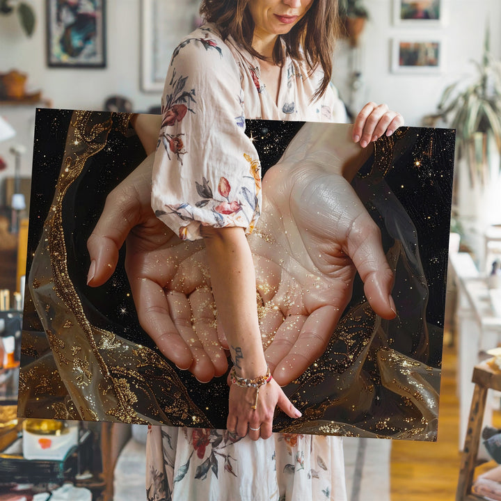 Celestial Offering Canvas – Luminous Hands with Golden Glow and Stars - Gifitto