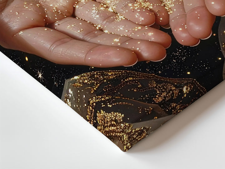 Celestial Offering Canvas – Luminous Hands with Golden Glow and Stars - Gifitto