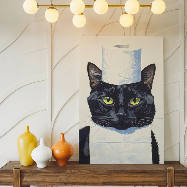 Mischievous Black Cat Canvas – Funny Toilet Paper Balancing Art - Gifitto