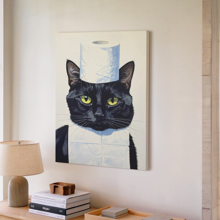 Mischievous Black Cat Canvas – Funny Toilet Paper Balancing Art - Gifitto