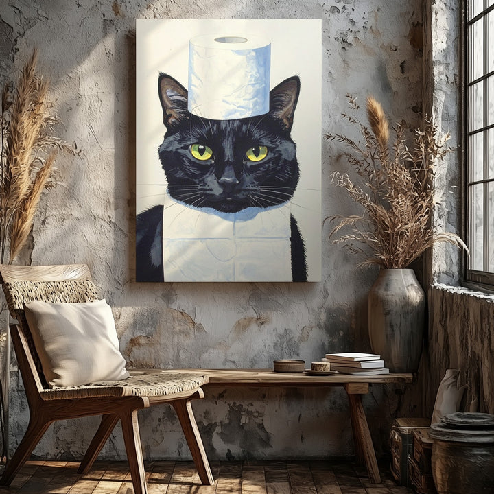 Mischievous Black Cat Canvas – Funny Toilet Paper Balancing Art - Gifitto