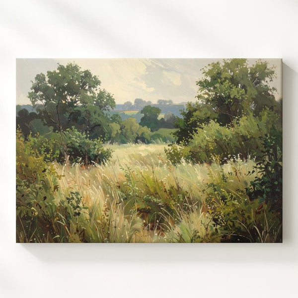 Lush Green Field Canvas – Realistic Countryside Landscape Painting - Gifitto