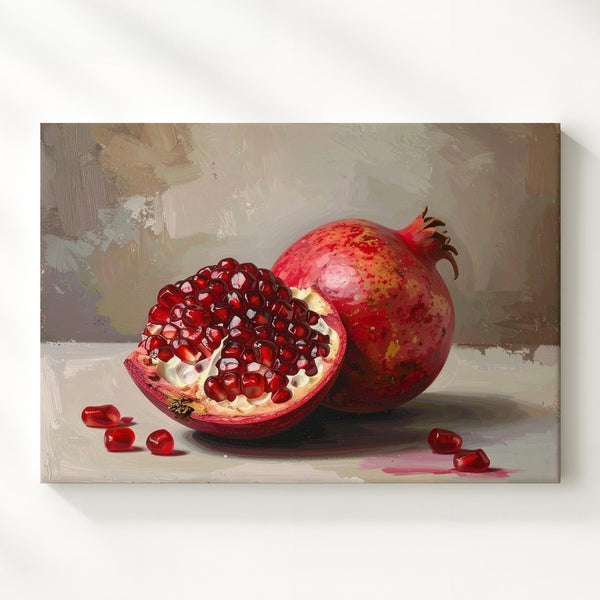 Crimson Pomegranate Still Life Canvas – Realistic Fruit Art with Classical Warmth - Gifitto