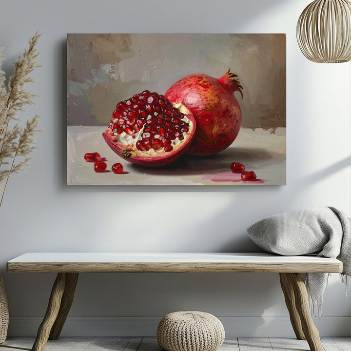 Crimson Pomegranate Still Life Canvas – Realistic Fruit Art with Classical Warmth - Gifitto
