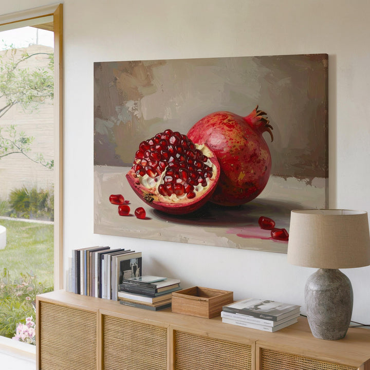 Crimson Pomegranate Still Life Canvas – Realistic Fruit Art with Classical Warmth - Gifitto