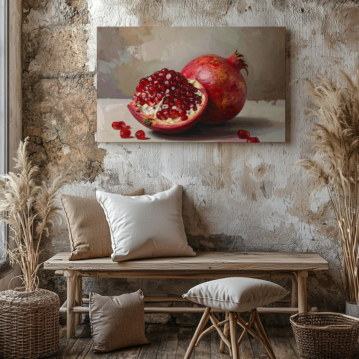 Crimson Pomegranate Still Life Canvas – Realistic Fruit Art with Classical Warmth - Gifitto